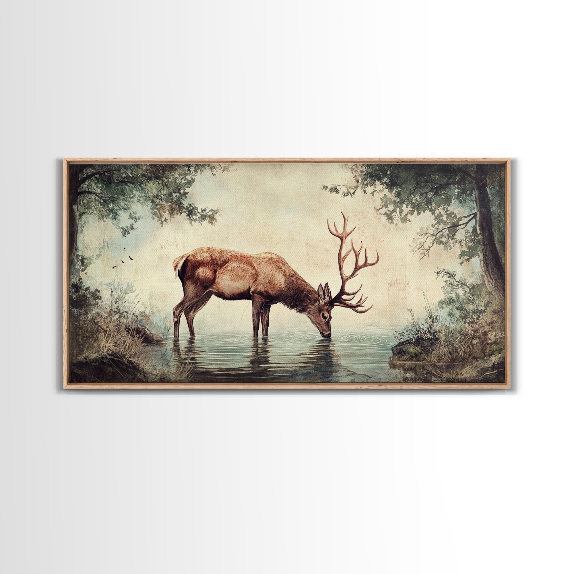 Elk Drinking Water In The Forest, Framed Canvas Print, Nature Art, Rustic Cabin Decor, Modern Farmhouse Wall Art