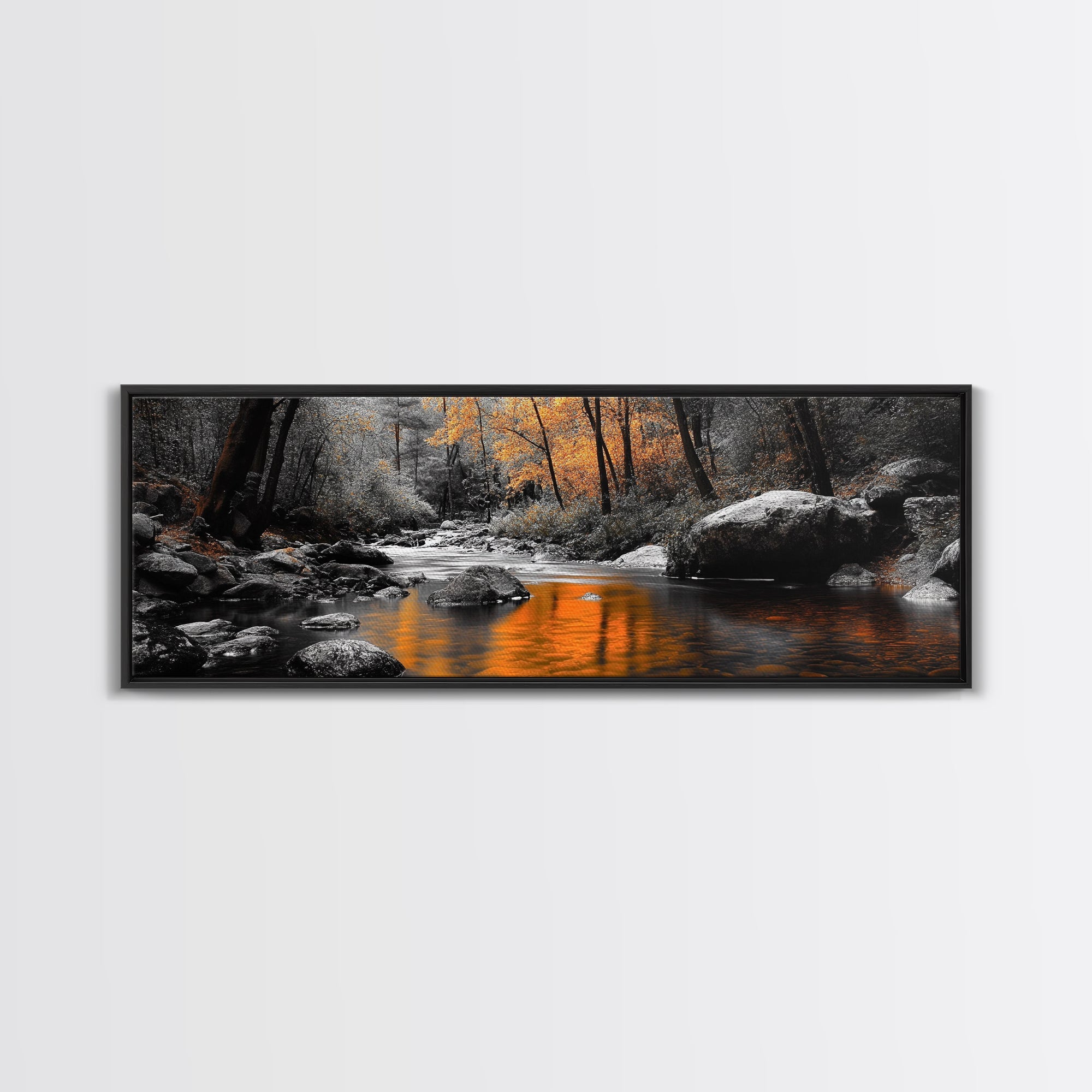 Autumn River Scene, Fall Forest Landscape, Tranquil Waters, Framed Canvas Print, Rustic Wall Art, Cabin Decor, Moody Photography
