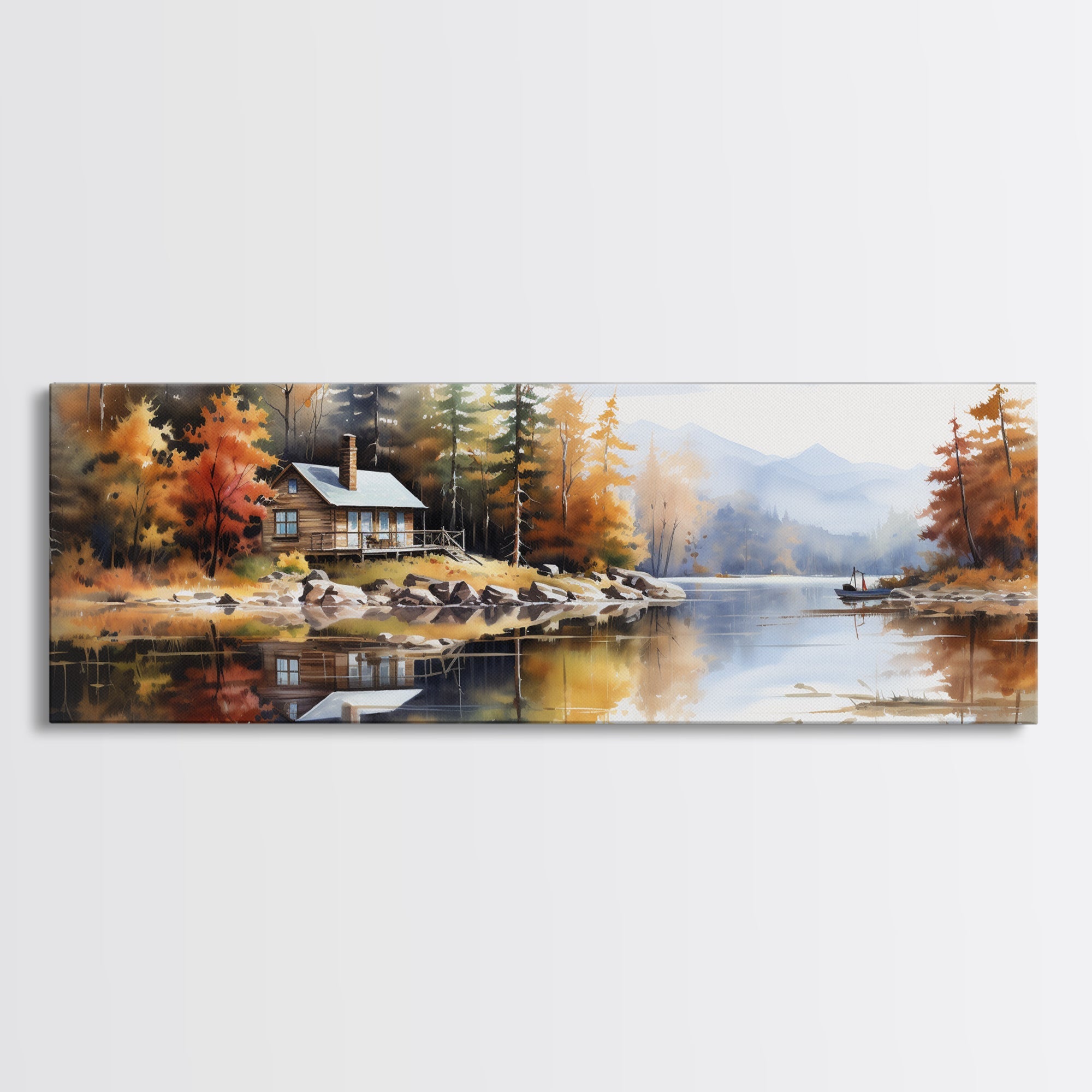Rustic Lake Cabin at Dusk Watercolor Painting | Peaceful Wilderness Landscape Canvas Print | Modern Country Decor and Nature Lovers