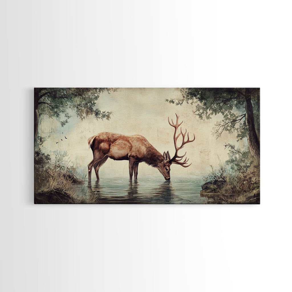 Elk Drinking Water In The Forest, Framed Canvas Print, Nature Art, Rustic Cabin Decor, Modern Farmhouse Wall Art