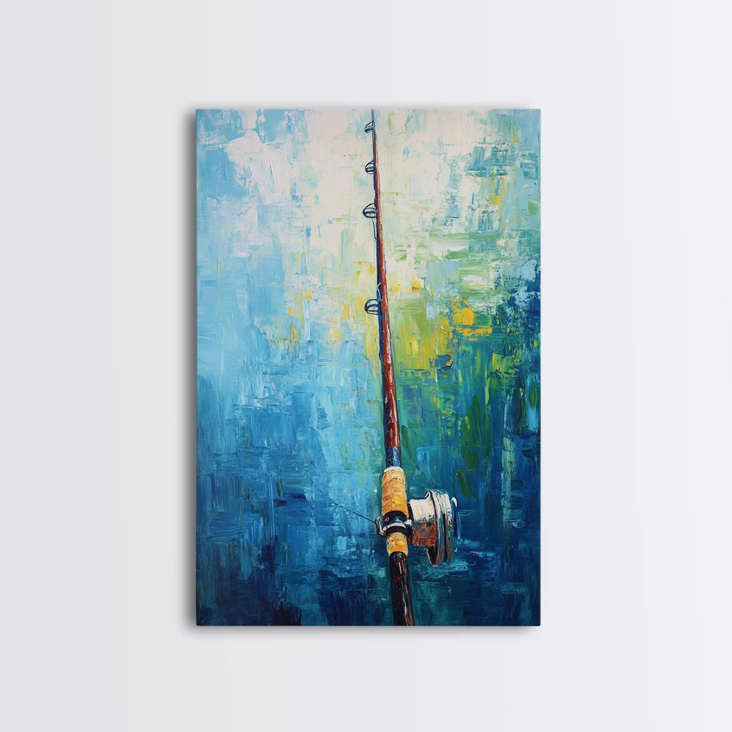 Fishing Rod Painting, Fly Fishing Art, Nautical Wall Art, Outdoor Enthusiast Decor, Rustic Cabin Art, Framed Canvas Print