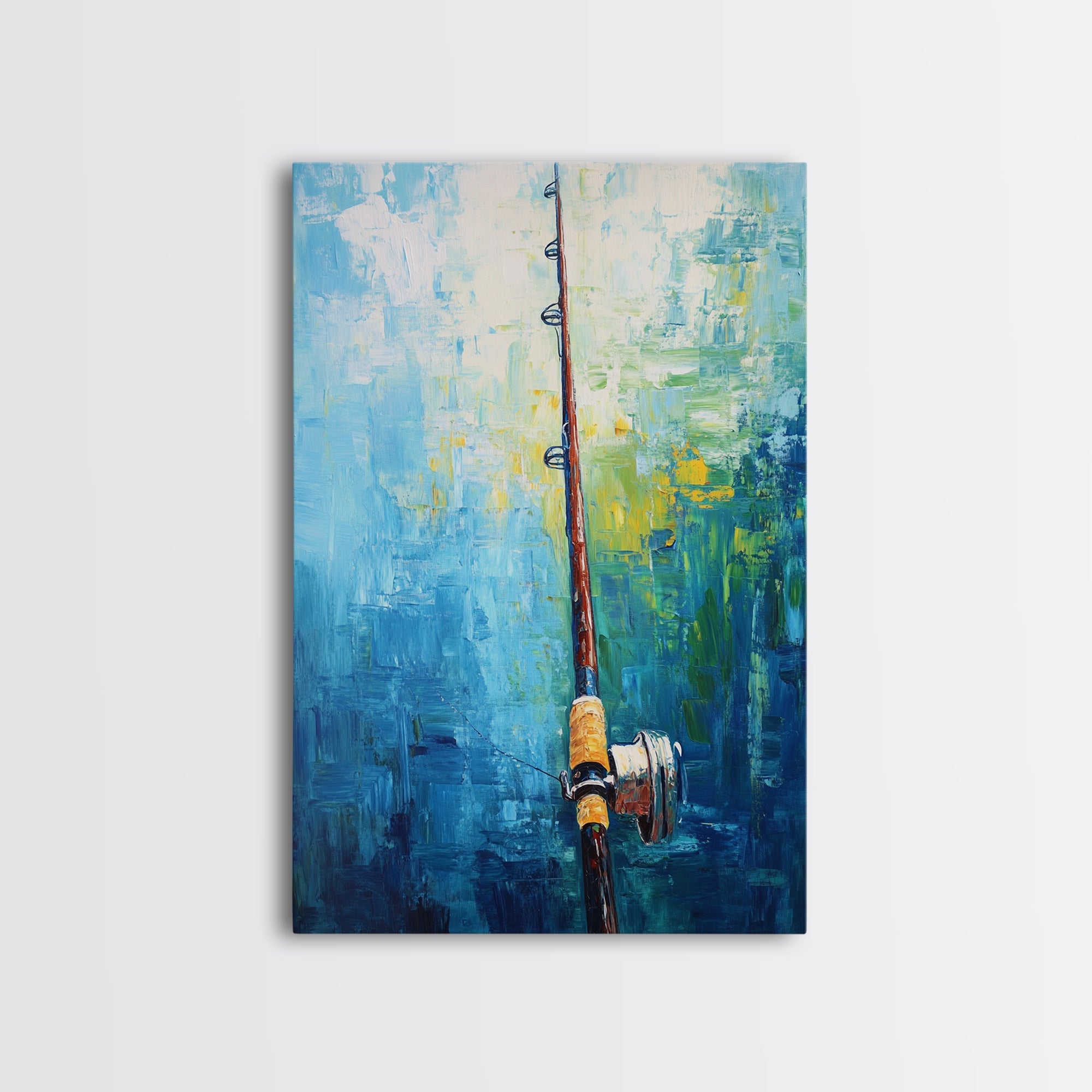 Fishing Rod Painting, Fly Fishing Art, Nautical Wall Art, Outdoor Enthusiast Decor, Rustic Cabin Art, Framed Canvas Print