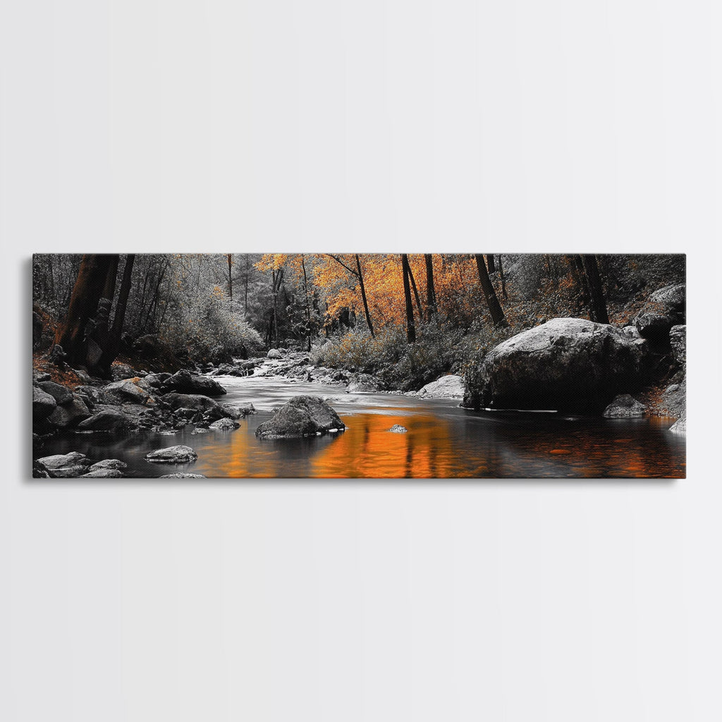 Autumn River Scene, Fall Forest Landscape, Tranquil Waters, Framed Canvas Print, Rustic Wall Art, Cabin Decor, Moody Photography