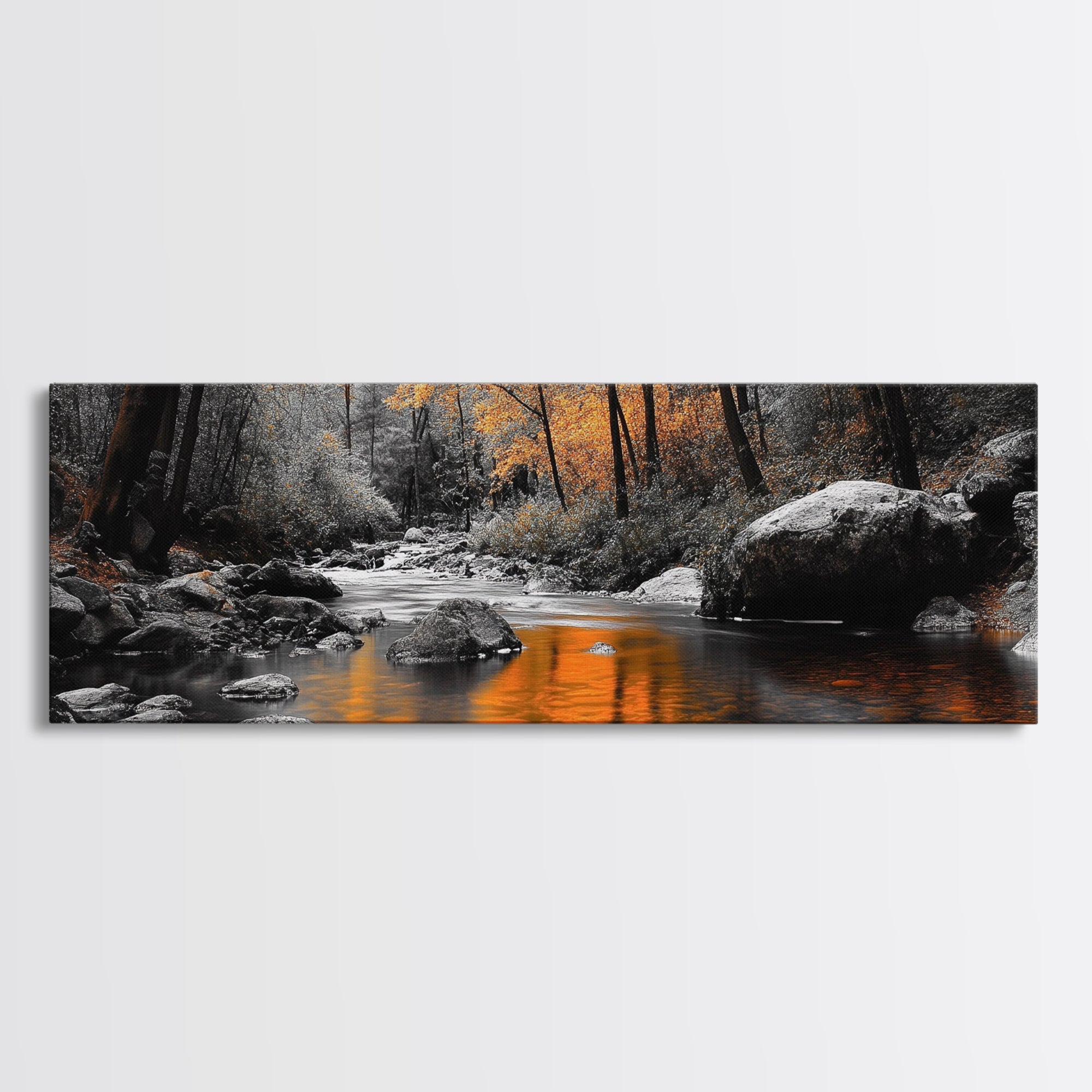 Autumn River Scene, Fall Forest Landscape, Tranquil Waters, Framed Canvas Print, Rustic Wall Art, Cabin Decor, Moody Photography