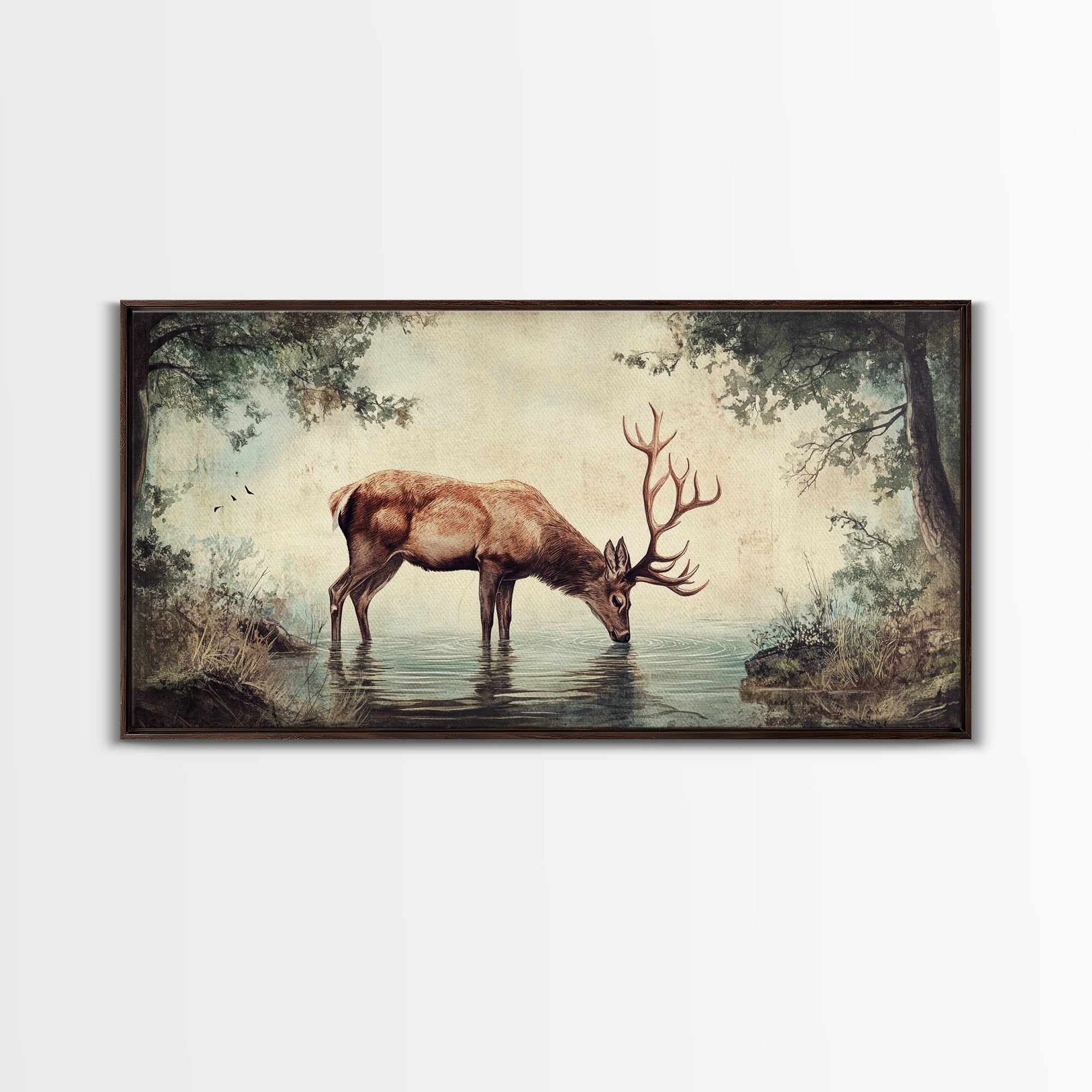 Elk Drinking Water In The Forest, Framed Canvas Print, Nature Art, Rustic Cabin Decor, Modern Farmhouse Wall Art