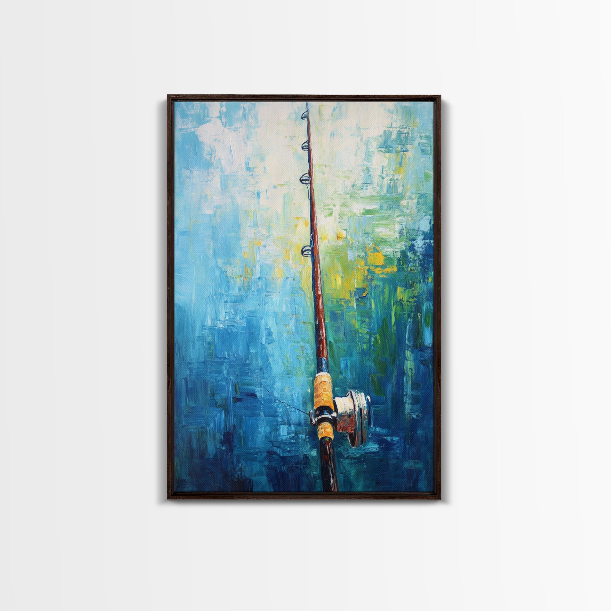 Fishing Rod Painting, Fly Fishing Art, Nautical Wall Art, Outdoor Enthusiast Decor, Rustic Cabin Art, Framed Canvas Print