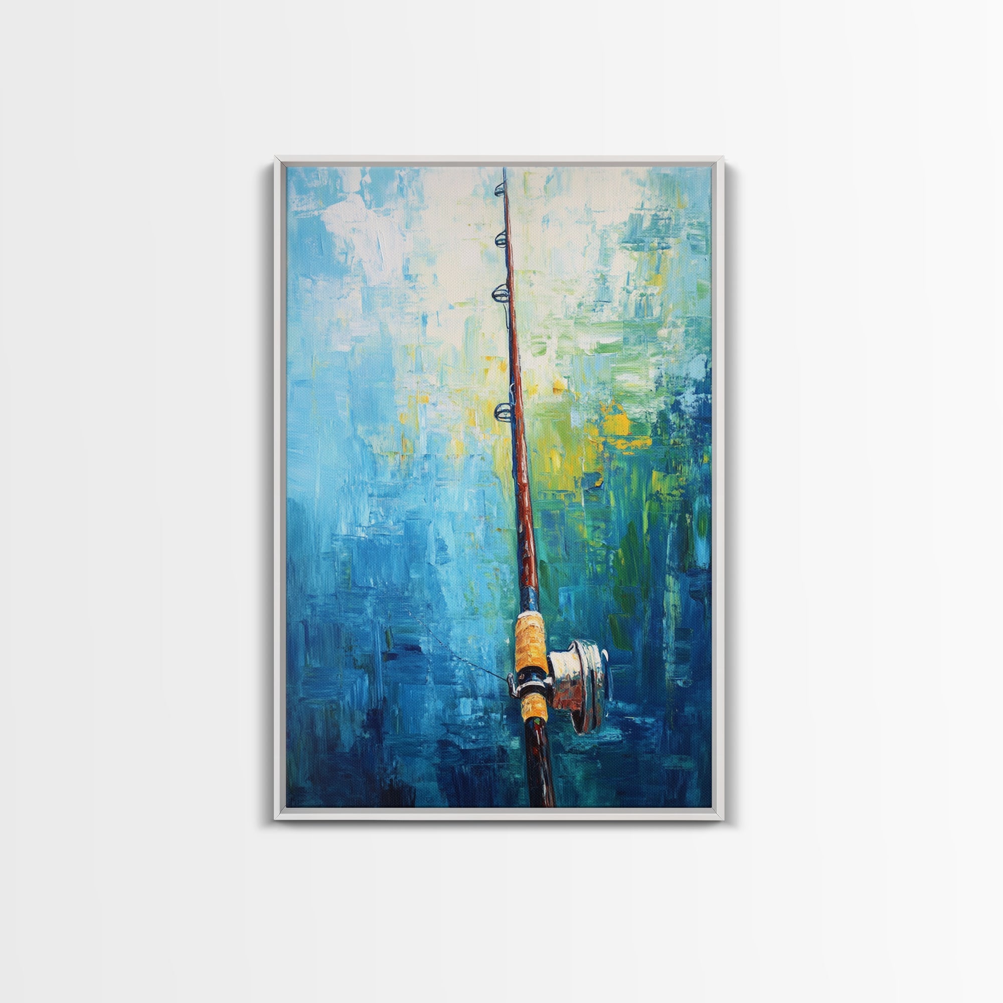 Fishing Rod Painting, Fly Fishing Art, Nautical Wall Art, Outdoor Enthusiast Decor, Rustic Cabin Art, Framed Canvas Print