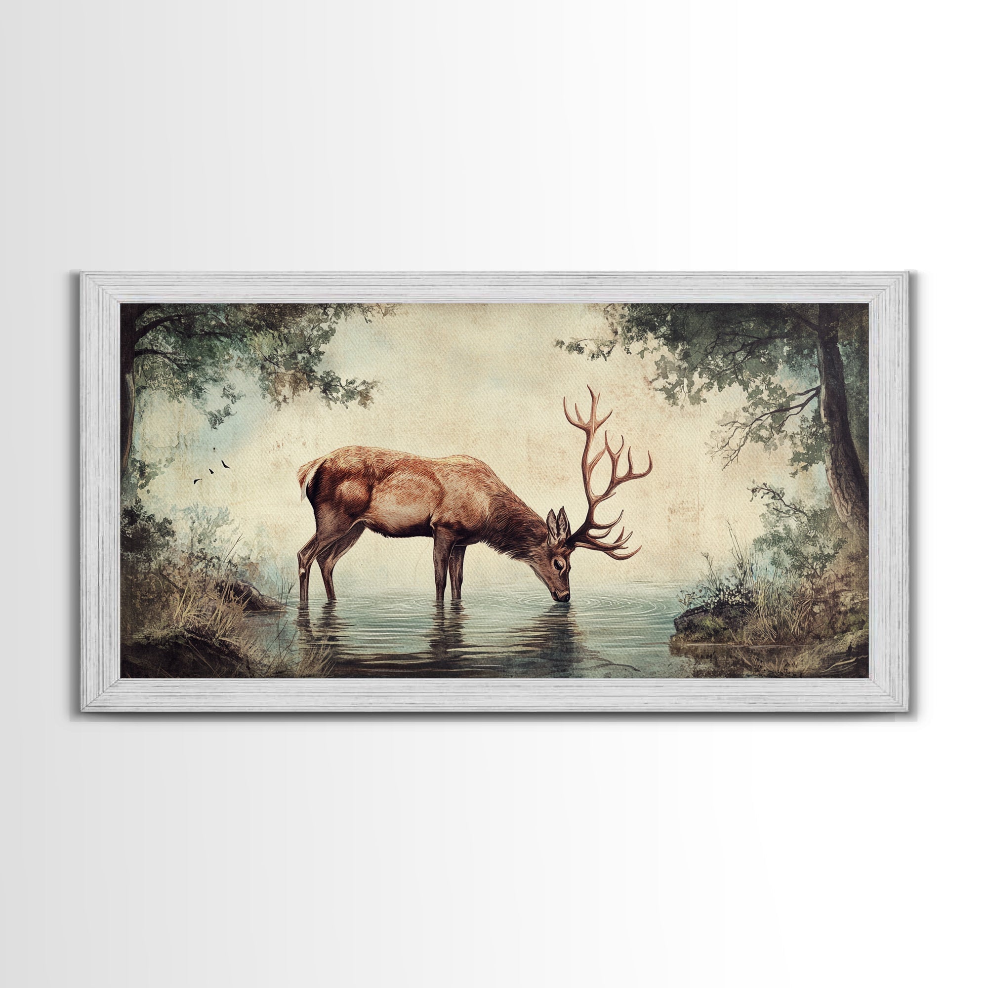 Elk Drinking Water In The Forest, Framed Canvas Print, Nature Art, Rustic Cabin Decor, Modern Farmhouse Wall Art