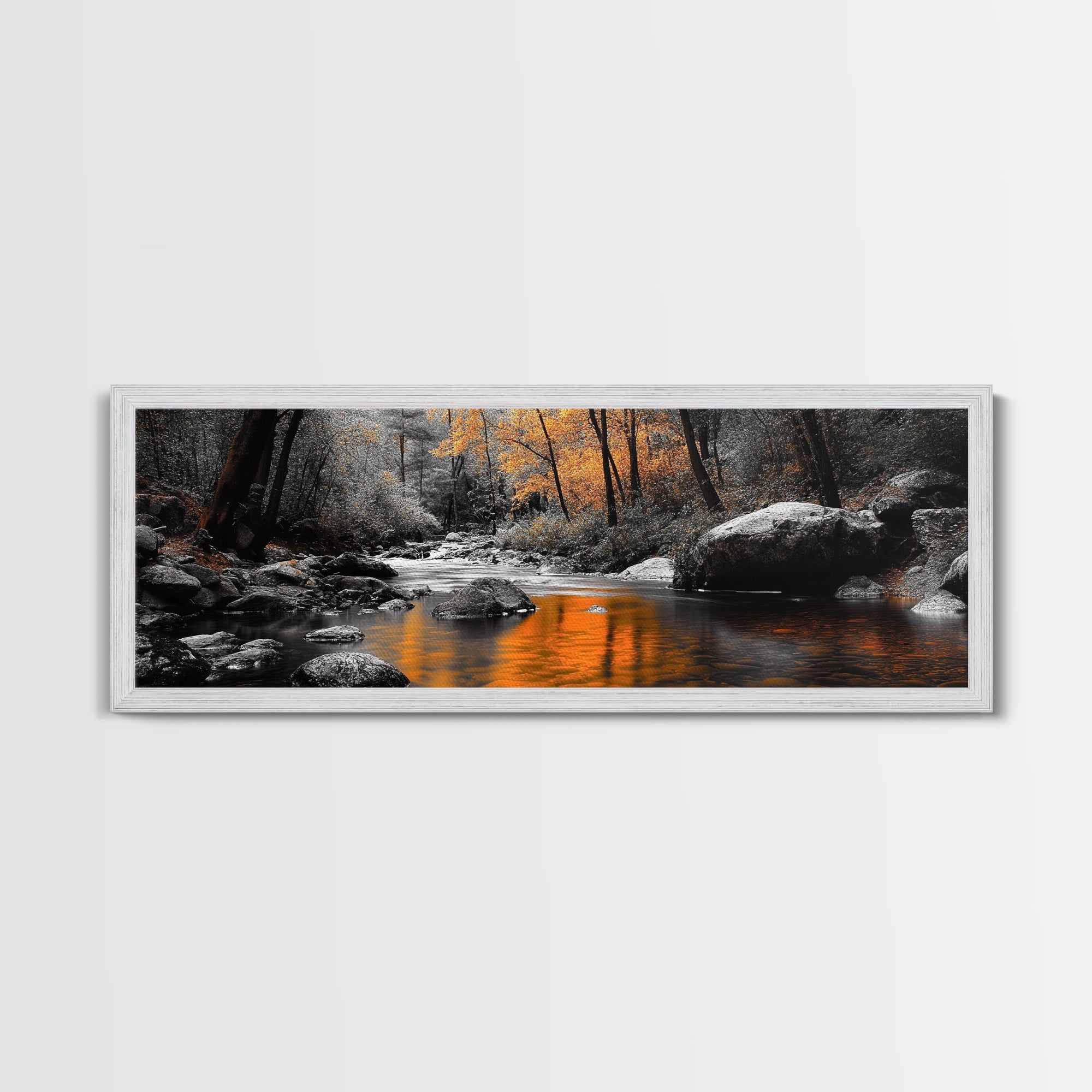 Autumn River Scene, Fall Forest Landscape, Tranquil Waters, Framed Canvas Print, Rustic Wall Art, Cabin Decor, Moody Photography