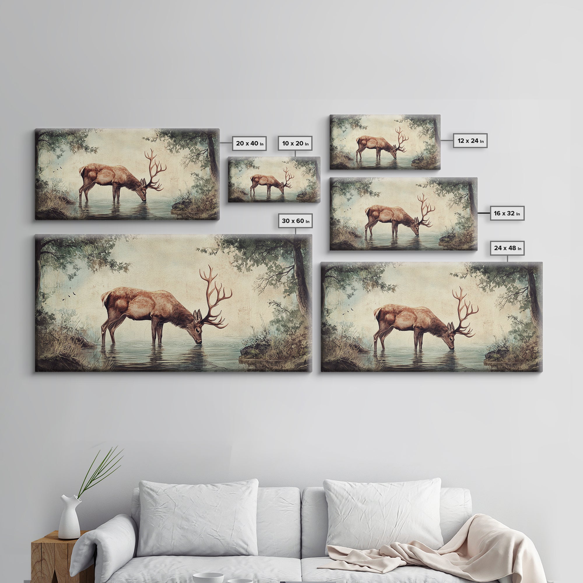 Elk Drinking Water In The Forest, Framed Canvas Print, Nature Art, Rustic Cabin Decor, Modern Farmhouse Wall Art