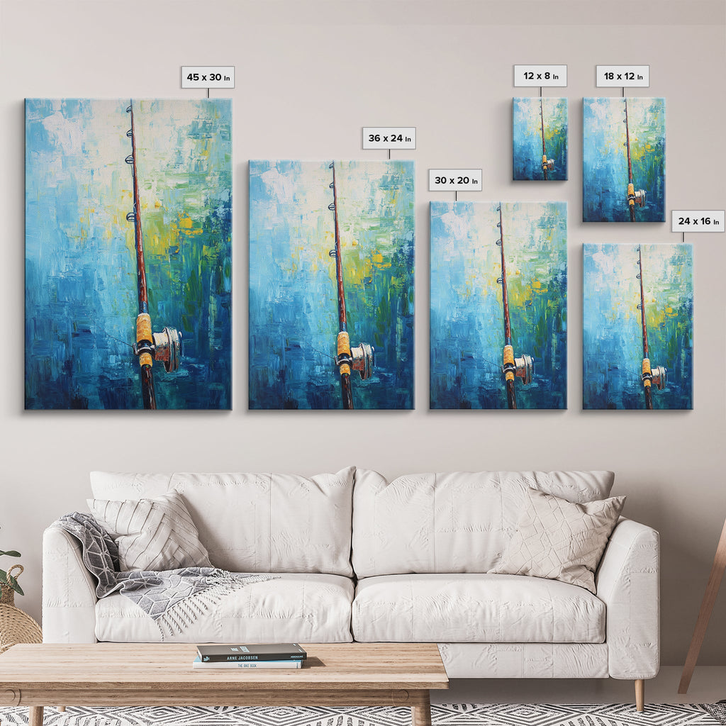 Fishing Rod Painting, Fly Fishing Art, Nautical Wall Art, Outdoor Enthusiast Decor, Rustic Cabin Art, Framed Canvas Print