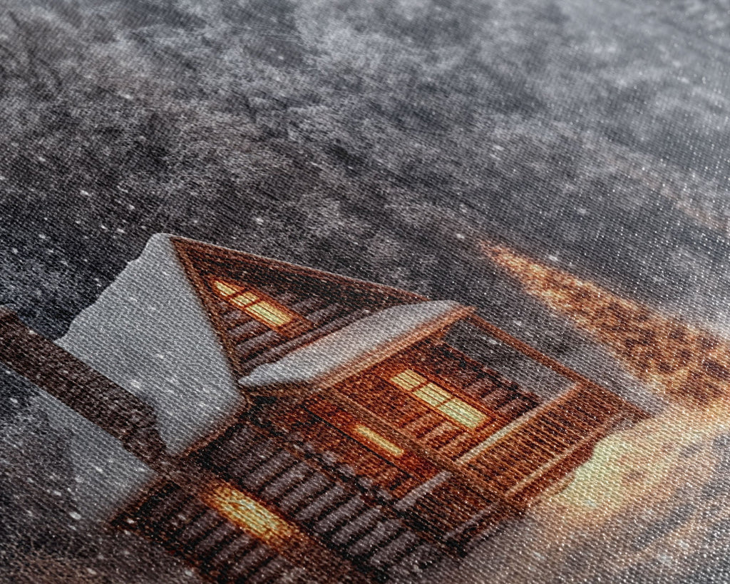 Winter cabin with Christmas tree outdoor decor, snowy landscape art, framed canvas print, winter wonderland wall art, holiday decor