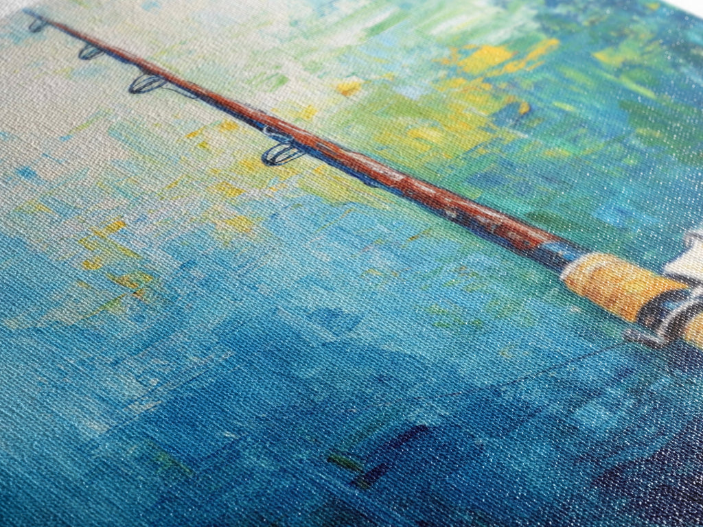 Fishing Rod Painting, Fly Fishing Art, Nautical Wall Art, Outdoor Enthusiast Decor, Rustic Cabin Art, Framed Canvas Print