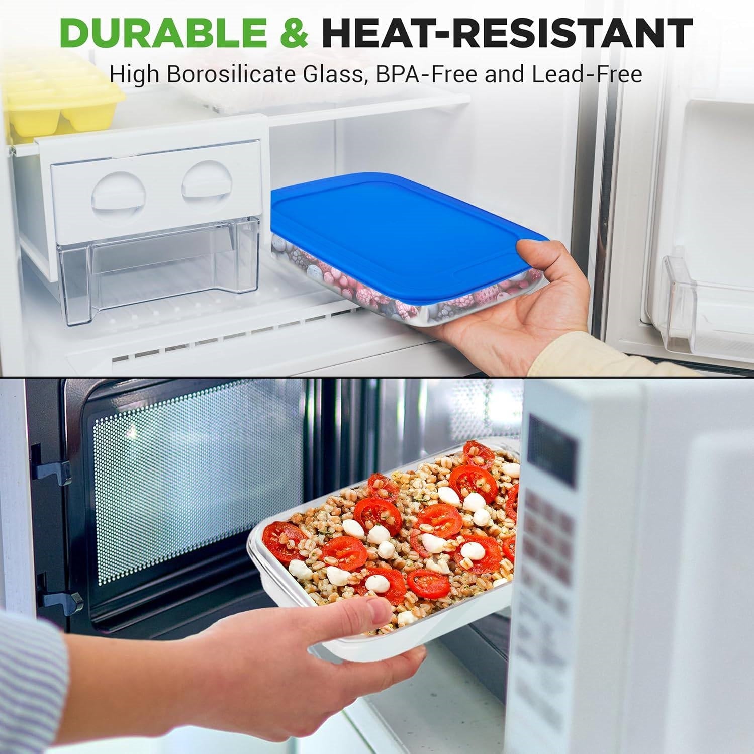 Set of 4 - Rectangular Oven Safe Glass Bakeware Set with Blue Plastic Lids