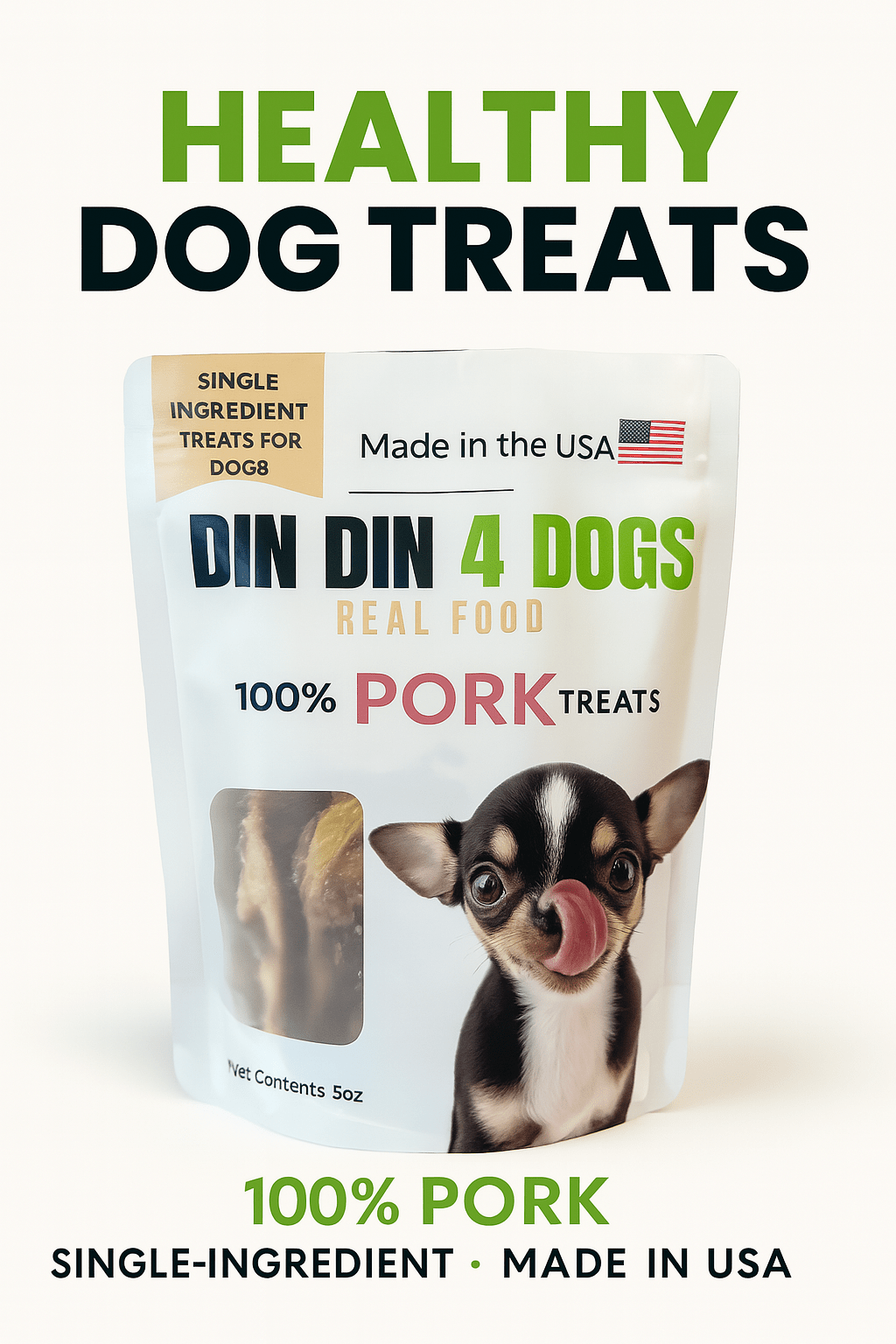 100% Pork Dog Treats, 5 Ounce Bag, Single Ingredient, High Protein