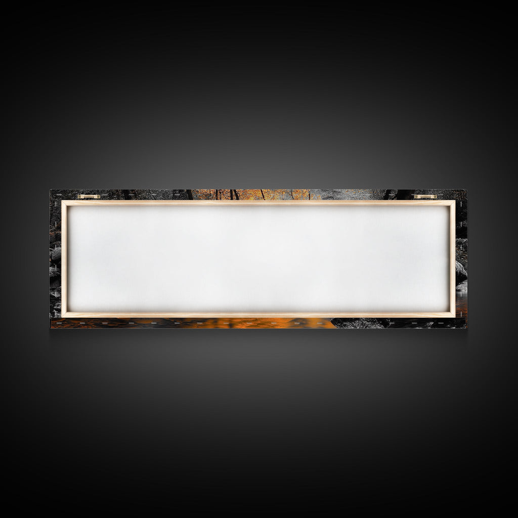 Autumn River Scene, Fall Forest Landscape, Tranquil Waters, Framed Canvas Print, Rustic Wall Art, Cabin Decor, Moody Photography