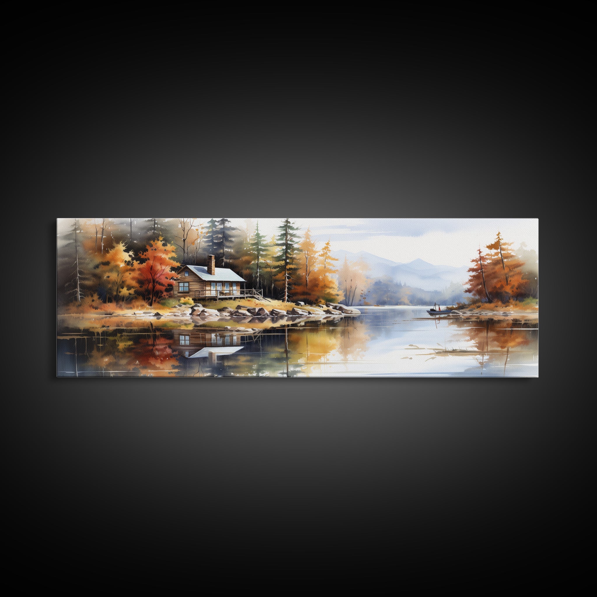 Rustic Lake Cabin at Dusk Watercolor Painting | Peaceful Wilderness Landscape Canvas Print | Modern Country Decor and Nature Lovers