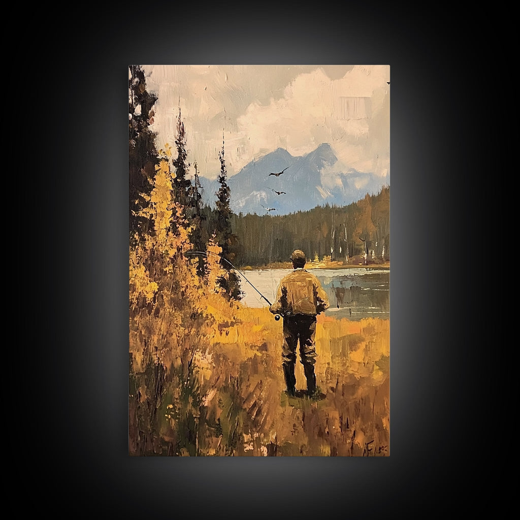 Trout Fly FIshing Wall Art Home Decor, Fly Fishing Painting Canas Print, Cabin Art, Cabin Decor, Fishing Cabin Art, Gift For Dad, Gift For Him