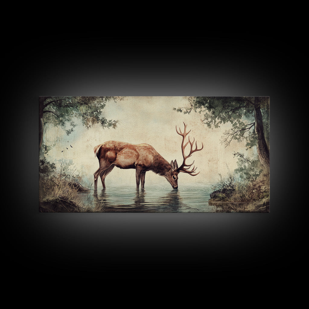 Elk Drinking Water In The Forest, Framed Canvas Print, Nature Art, Rustic Cabin Decor, Modern Farmhouse Wall Art