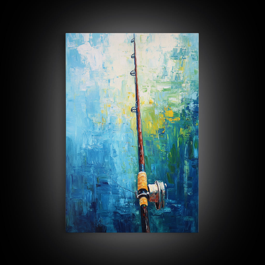 Fishing Rod Painting, Fly Fishing Art, Nautical Wall Art, Outdoor Enthusiast Decor, Rustic Cabin Art, Framed Canvas Print
