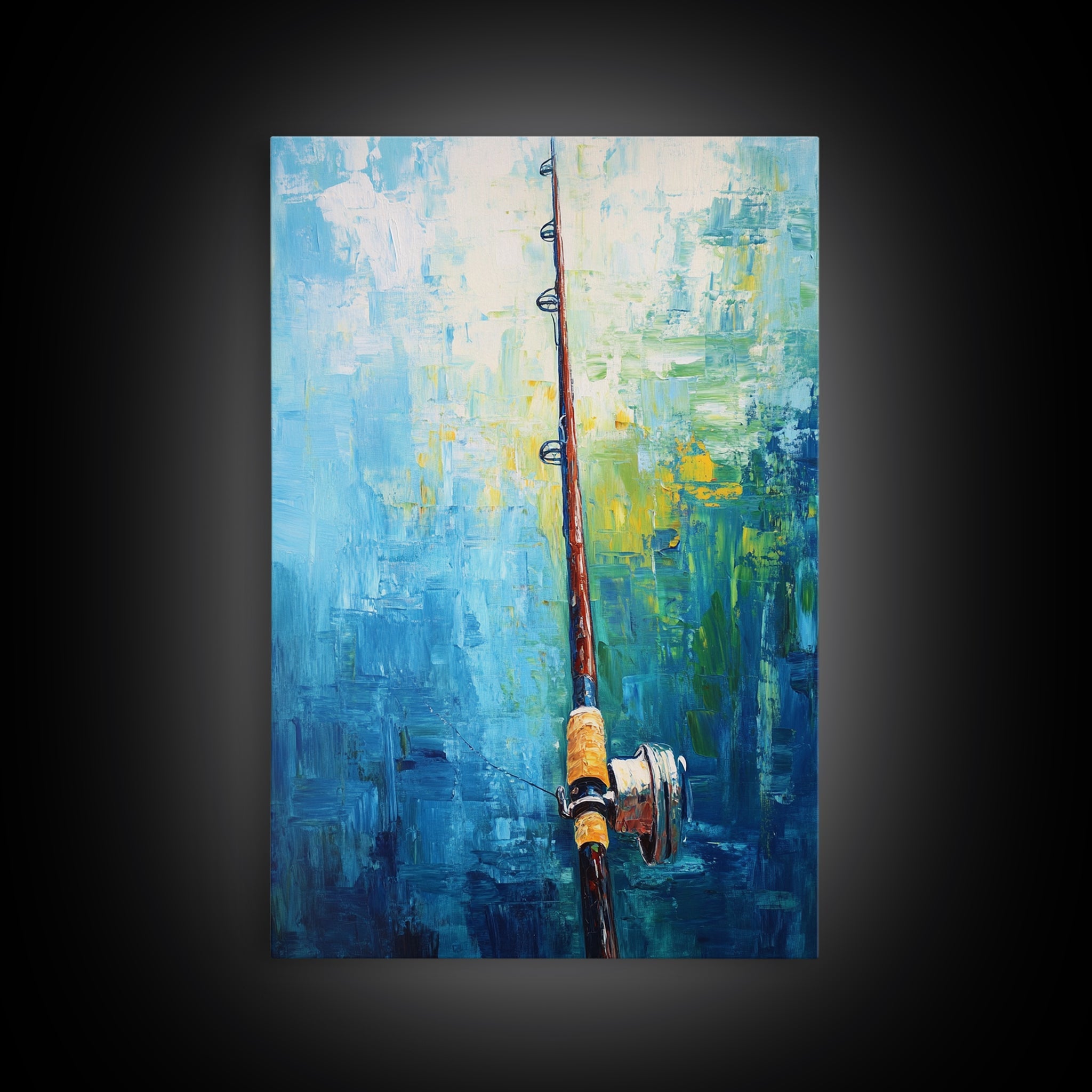 Fishing Rod Painting, Fly Fishing Art, Nautical Wall Art, Outdoor Enthusiast Decor, Rustic Cabin Art, Framed Canvas Print