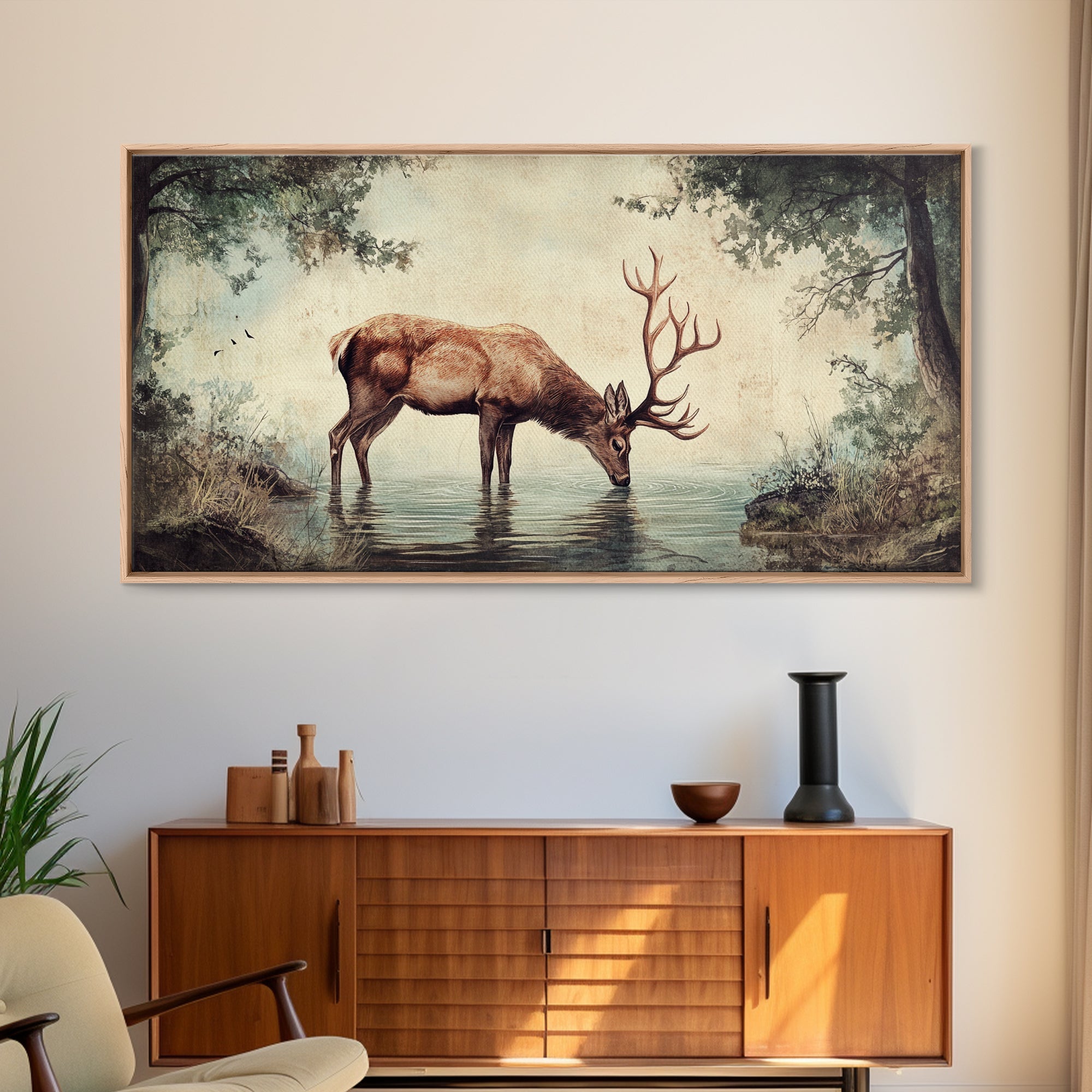 Elk Drinking Water In The Forest, Framed Canvas Print, Nature Art, Rustic Cabin Decor, Modern Farmhouse Wall Art