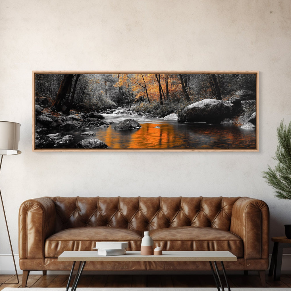 Autumn River Scene, Fall Forest Landscape, Tranquil Waters, Framed Canvas Print, Rustic Wall Art, Cabin Decor, Moody Photography