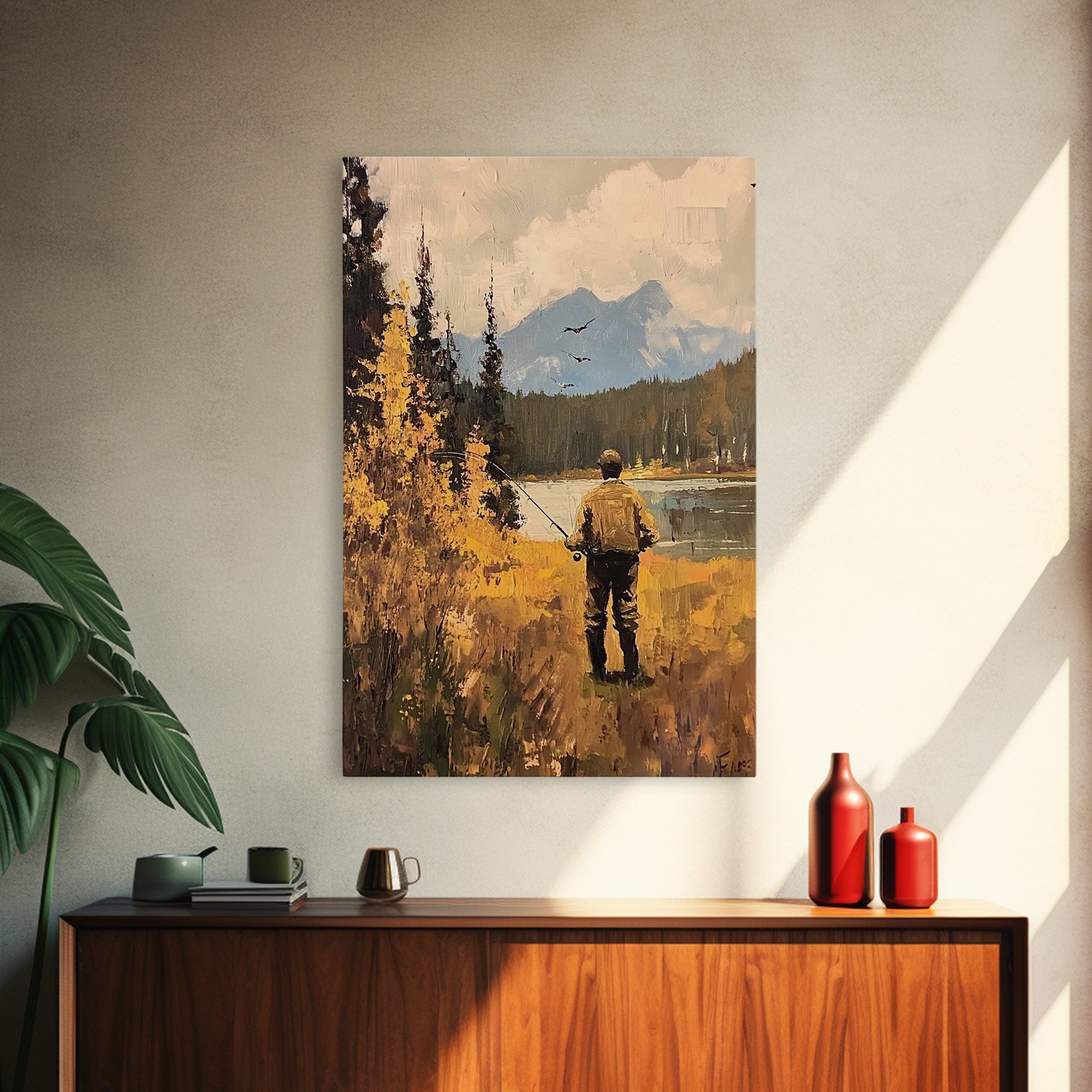 Trout Fly FIshing Wall Art Home Decor, Fly Fishing Painting Canas Print, Cabin Art, Cabin Decor, Fishing Cabin Art, Gift For Dad, Gift For Him