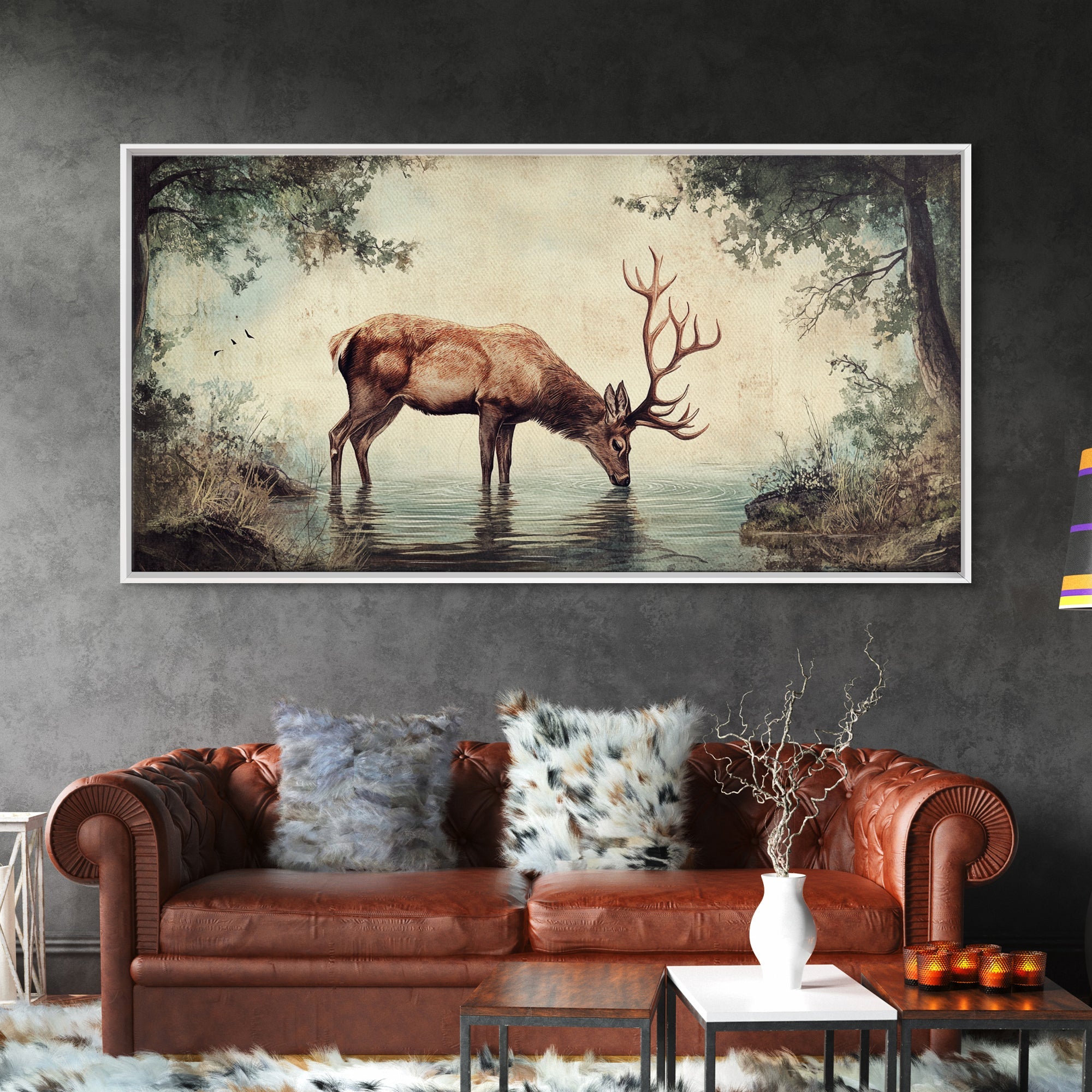 Elk Drinking Water In The Forest, Framed Canvas Print, Nature Art, Rustic Cabin Decor, Modern Farmhouse Wall Art