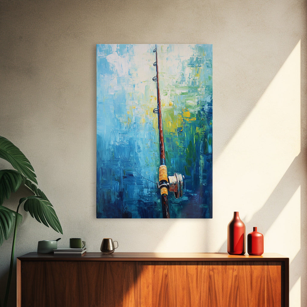 Fishing Rod Painting, Fly Fishing Art, Nautical Wall Art, Outdoor Enthusiast Decor, Rustic Cabin Art, Framed Canvas Print