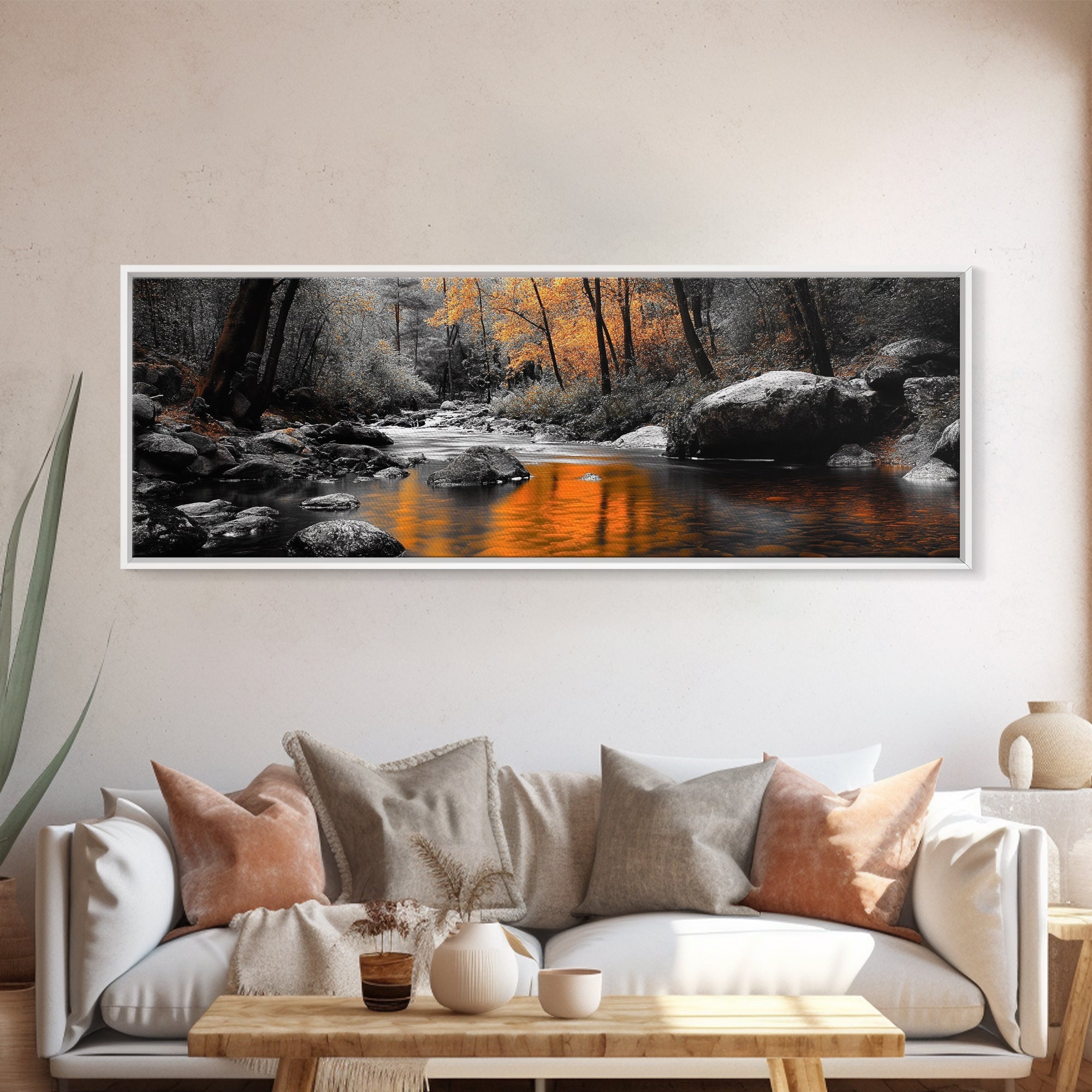 Autumn River Scene, Fall Forest Landscape, Tranquil Waters, Framed Canvas Print, Rustic Wall Art, Cabin Decor, Moody Photography