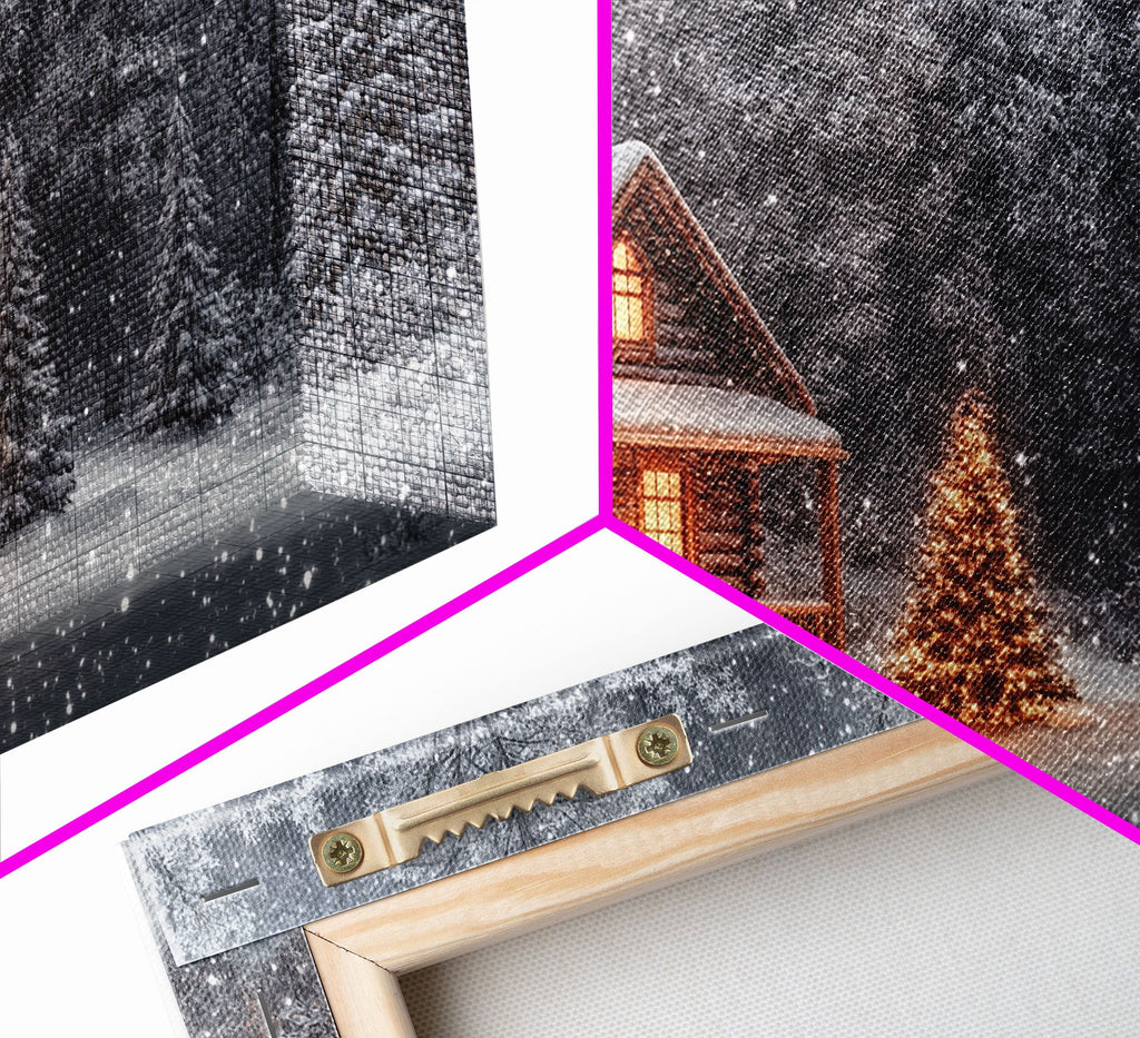 Winter cabin with Christmas tree outdoor decor, snowy landscape art, framed canvas print, winter wonderland wall art, holiday decor