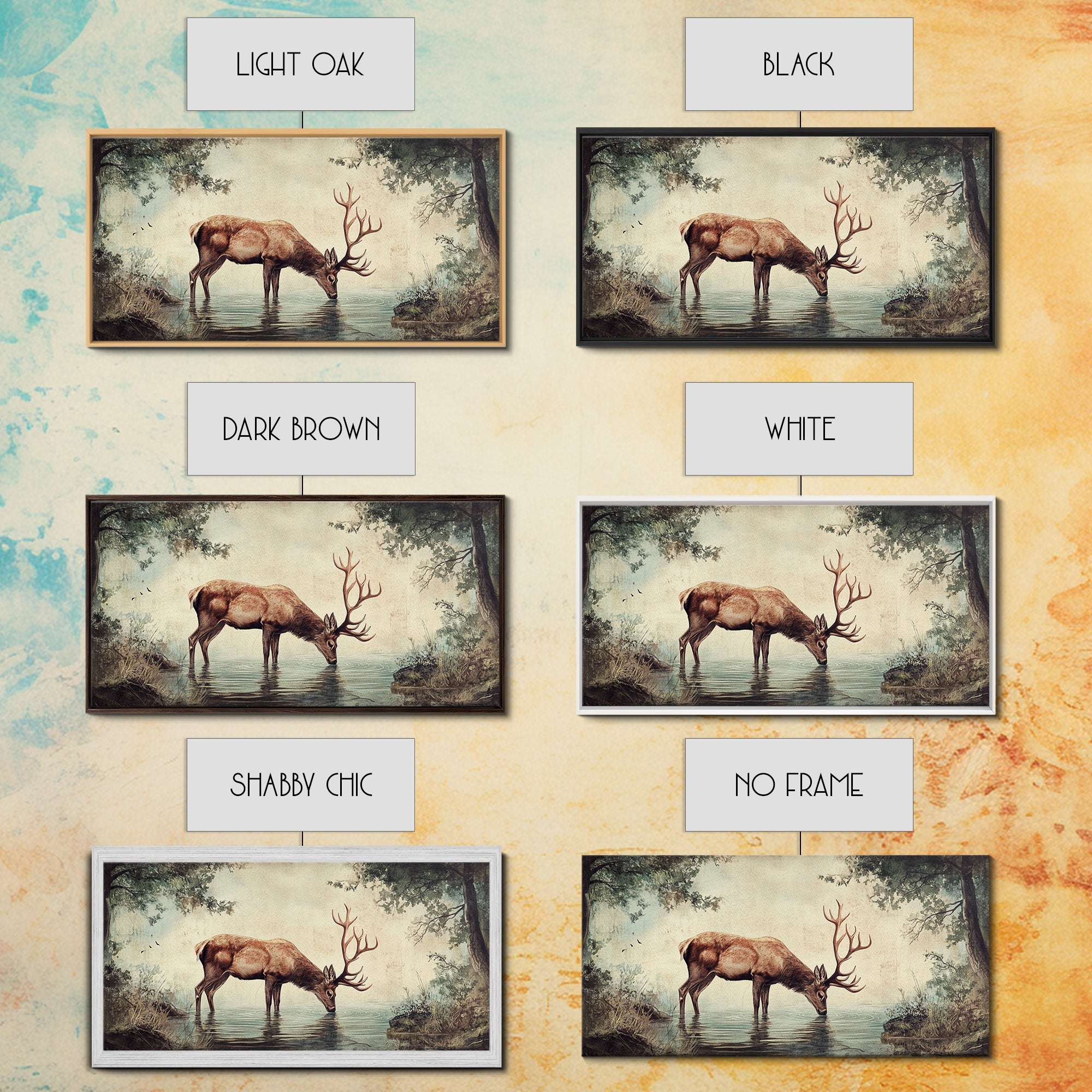 Elk Drinking Water In The Forest, Framed Canvas Print, Nature Art, Rustic Cabin Decor, Modern Farmhouse Wall Art