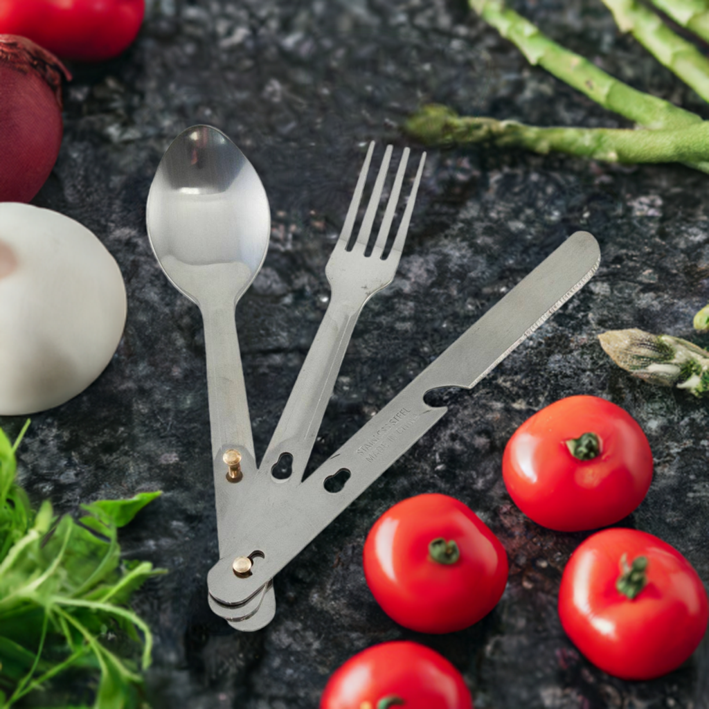 Stainless Steel Folding Utensil Set | Compact Camping Cutlery (Fork, Knife, Spoon)