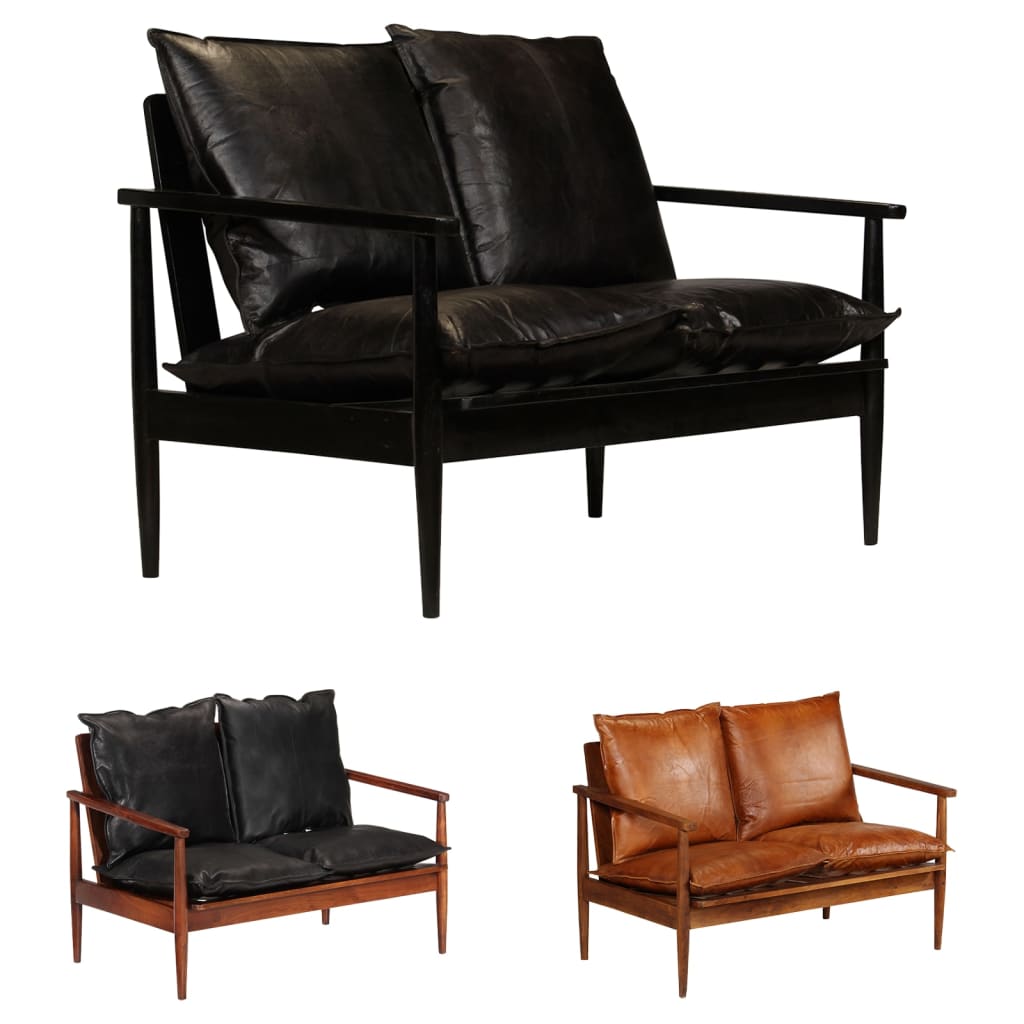 vidaXL 2-Seater Sofa Real Leather with Acacia Wood Brown